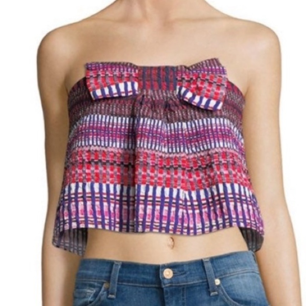 Saloni Seersucker Bow Strapless Crop Top